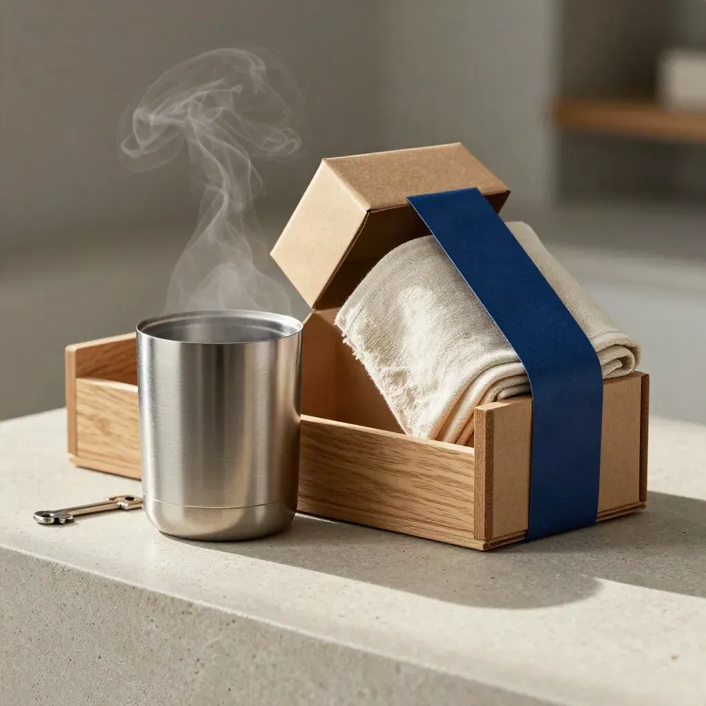 Tazza termica e organizer in legno su pietra chiara, con luce drammatica e vapore leggero