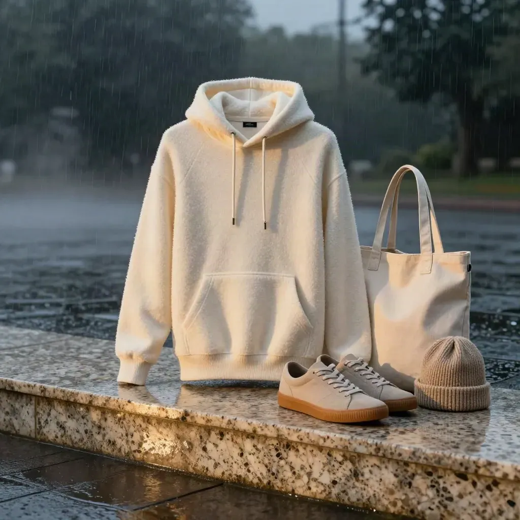 Felpa avorio con sneaker, tote e beanie su pietra bagnata dopo un temporale.