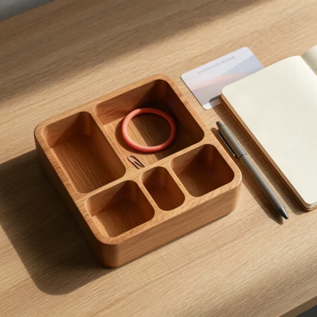 Organizer da scrivania in legno con elastico, graffetta, penne e taccuino su rovere chiaro.