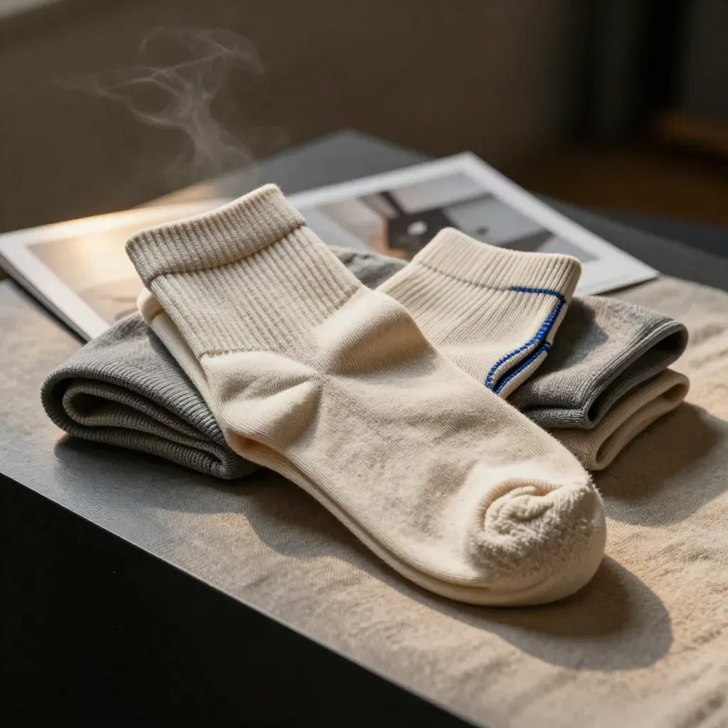 Tre paia di calzini piegati su stoffa morbida, con card sfocata sullo sfondo.