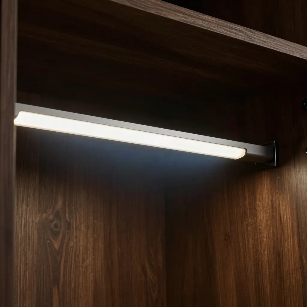 Barra LED sottile per armadio, luce a lama su interno scuro con riflessi blu petrolio.