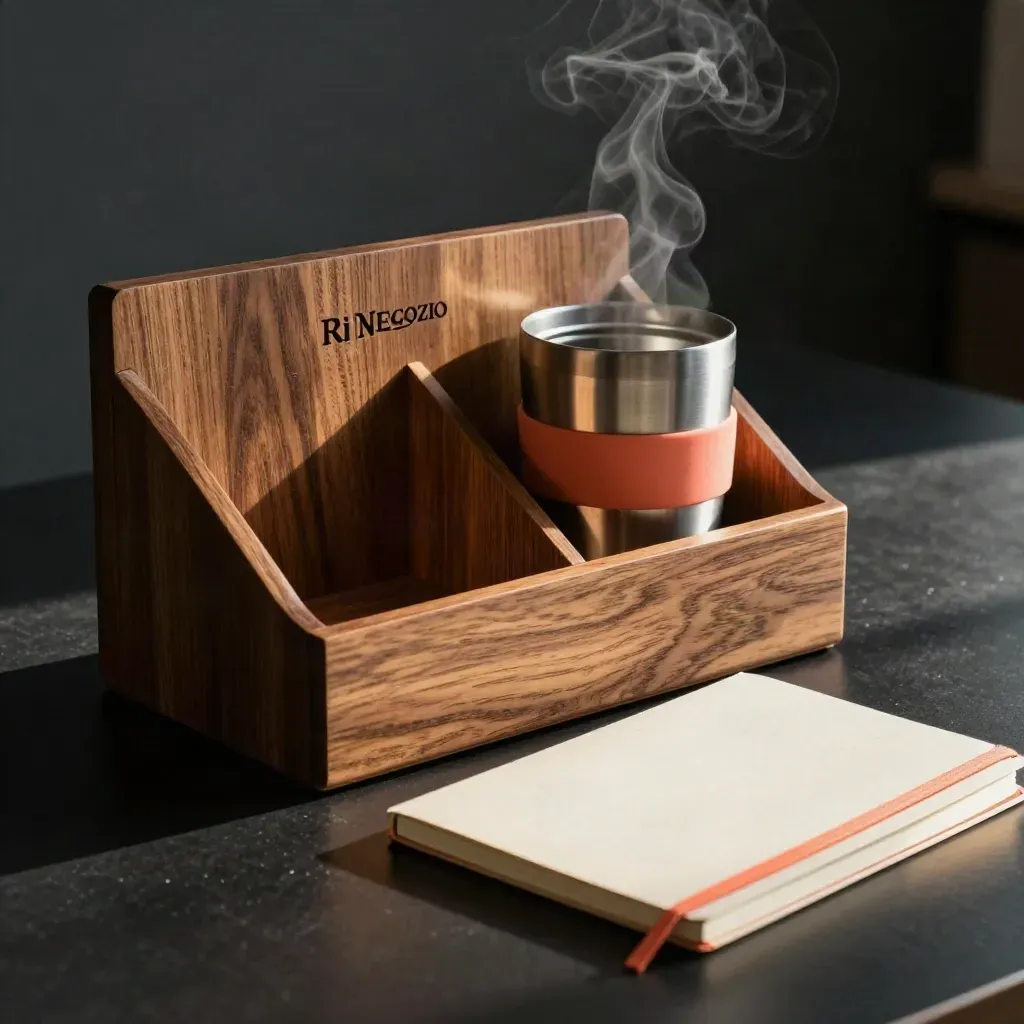 Organizer in legno, tazza termica e quaderno su base nera, luce drammatica e vapore.