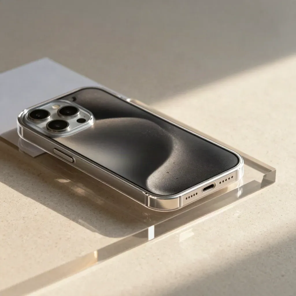 Cover trasparente per iPhone su lastra acrilica, luce morbida e sfondo sfocato
