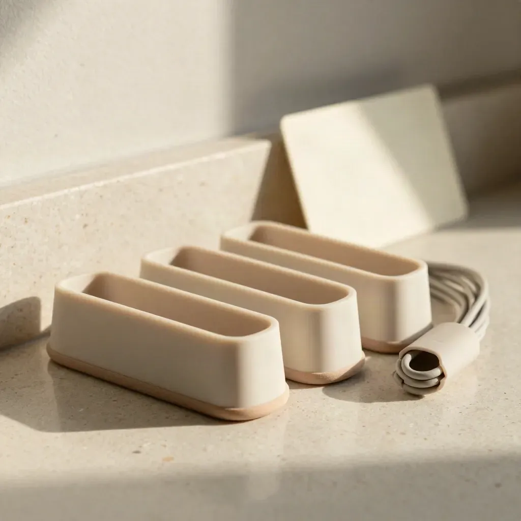 Tre organizer cavi in silicone con cavo arrotolato su superficie chiara, accento corallo.