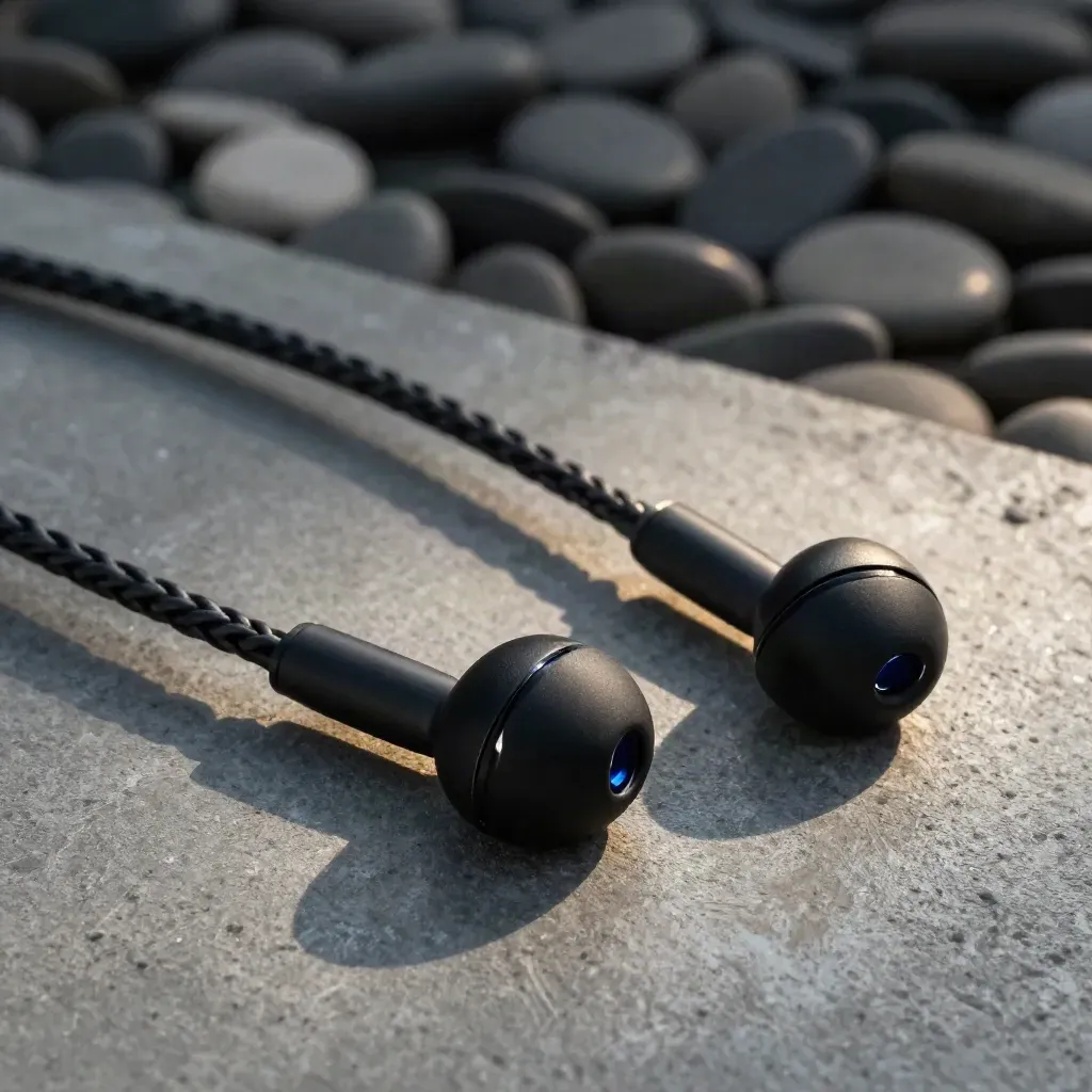 Auricolari USB-C neri in macro, avvolti in un cerchio ordinato con riflessi lucidi.