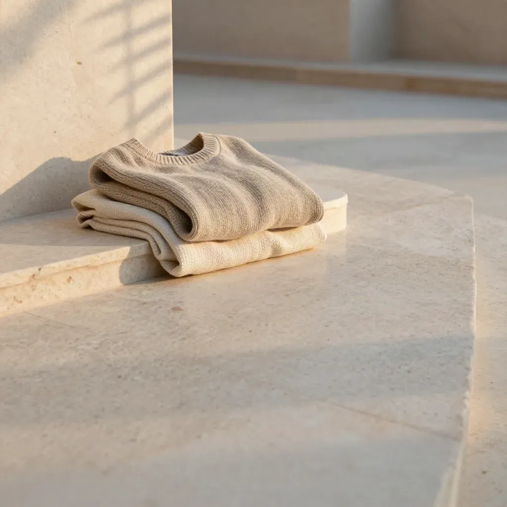 Terrazza in travertino con maglia di lino ripiegata, ombre di persiana e parete intonacata.