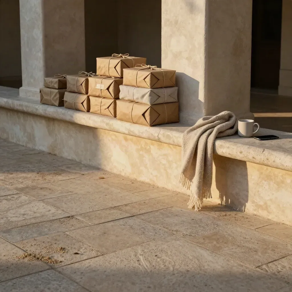 Cortile di pietra con pacchi neutri e luce dorata, spazio calmo per il testo.