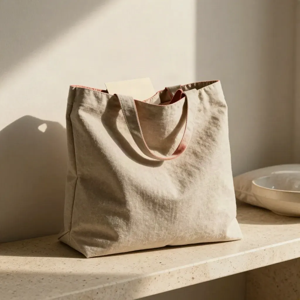 Borsa shopper ripiegabile su panca in travertino, luce calda e dettaglio corallo.