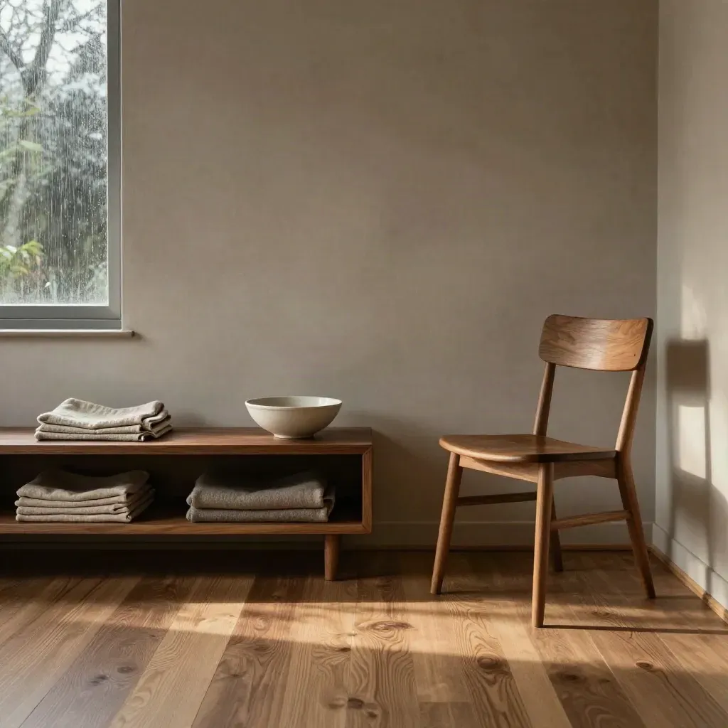 Interno domestico in noce con sedia vuota, tessuti neutri e luce morbida da finestra.